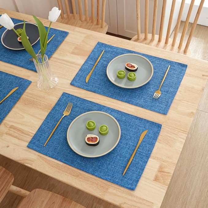 Weabetfu Cloth Placemats Set of 4 Heat Resistant Dining Table Placemmats Cotton Linen Machine Washable Kitchen Table Mats Wrinkle Free Thick Fabric Place Mats,Easy to Clean,13" x 19" Blue