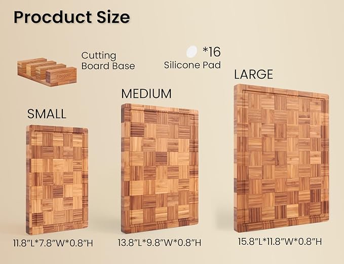 Fibogollo Bamboo Cutting Boards for Kitchen(Set of 3),Chopping Boards with Juice Groove,End Grain Serving Board with Holder,Bamboo Butcher Block for Meat,Vegetables,Fruit