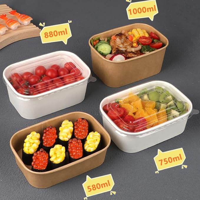 DI QIU REN 50-Pack 35oz Disposable Meal Prep Containers with Lids & Forks, Kraft Paper Bowls To Go Take Out Food Containers with Lids, Microwave & Freezer Safe (White Kraft Paper, 35oz 50 Count)