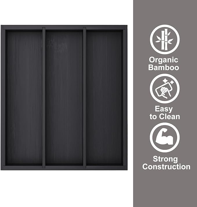 Fibogollo Silverware Organizer Bamboo Kitchen Drawer Organizer, Flatware Organizer Tray for Kitchen, Flatware, Utensils(Black)