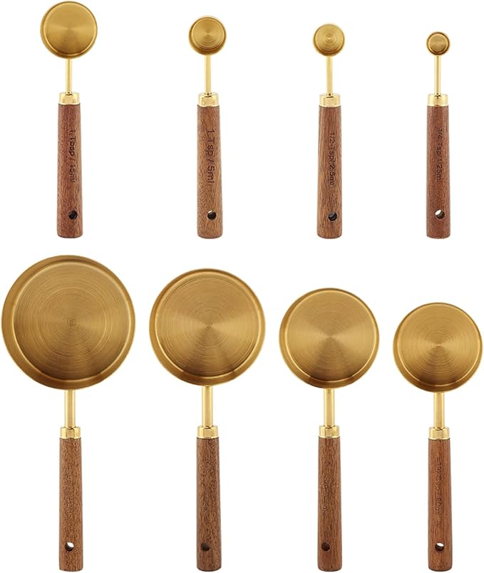 8Pcs Measuring Cups and Spoons Set, Stackable Measuring Cups with Wooden Handle, Stainless Steel Kitchen Measure Supplies Kit for Baking, Cooking(COLOR:gold+brown)