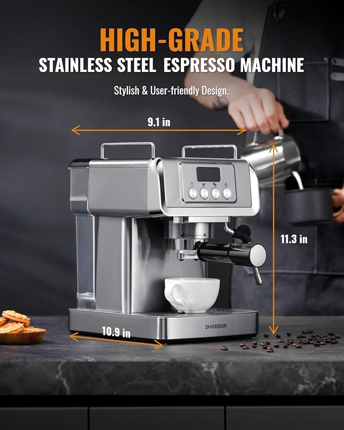 SHARDOR 20-Bar Espresso Machine for Home Barista, Espresso Coffee Maker with Temp Display, Built-In Steam Wand for Latte & Cappuccino, Stainless Steel, 1350W, 60oz Water Reservoir