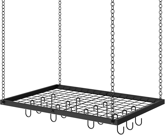 CHOEZON Hanging Pot Rack, Ceiling Mounted Pot Hanger for Kitchen, Metal Cookware Storage Organizer with 12 Hooks, for Storage of Cookware, Utensils in Kitchen, 23.7" L, Black TPR03BB