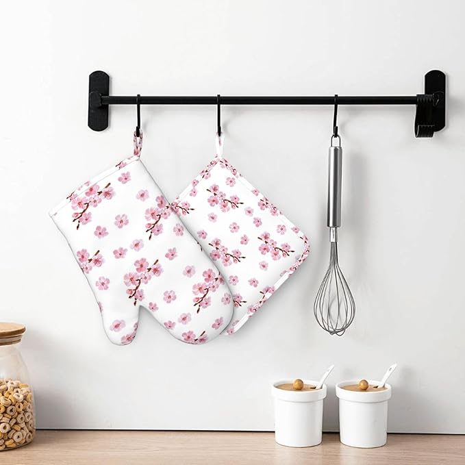 Pink Cherry Blossom Oven Mitts and Pot Holders 4 pcs Set Silicone Watercolor Flowers Blooming Branches Floral Kitchen Oven Mitt Gloves Pot Holders Non-Slip Heat Resistant Cooking Mitts Set