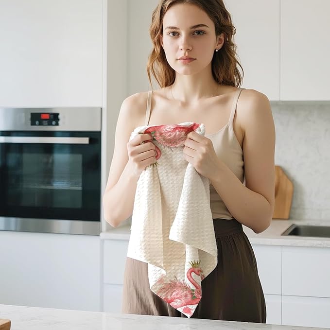 Jztco 4 Pcs Funny Flamingo Kitchen Towels 24x14 Inch, Hot Pink Bird Reusable Dish Towels for Kitchen Home Bathroom Decor, Waffle Weave Absorbent Hand Cloth Tea Towel, Flamingo Gifts for Women Mom