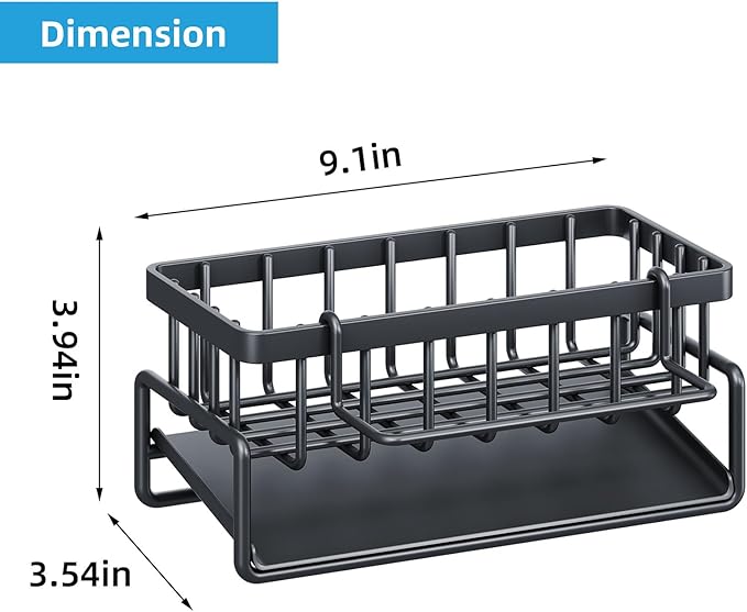 Sponge Holder for Kitchen Sink, Self-Drainage Kitchen Sink Caddy, Rustproof Steel Dish Sponge Organizer with Removable Dishcloth Rack, Soap Dispenser Brush Holder Storage for Bathroom, Black