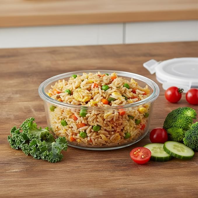 1.5 Cup Round Glass Food Containers with Lids and Folding Spoon, BPA Free Small Round Glass Lunch Containers, 12oz Food Container for Office Meal, Oven, Freezer and Dishwasher Safe (4Pack)