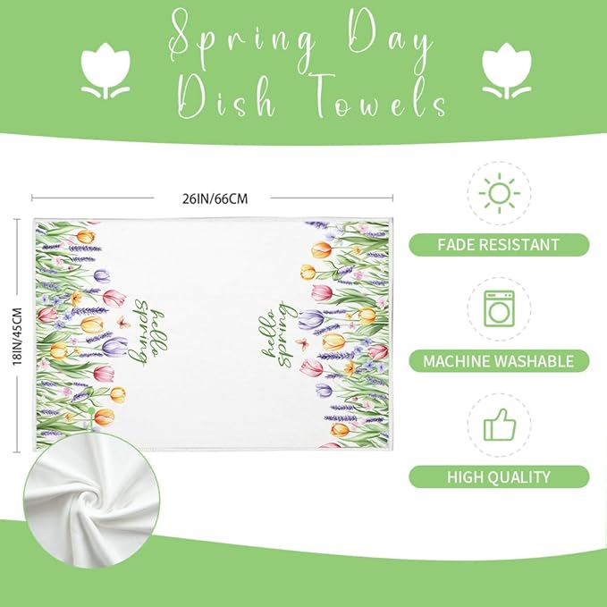Tulip Hello Spring Kitchen Towels Set of 2,Green Floral Dish Hand Towels Farmhouse Indoor Outdoor Holiday Seasonal Decorations DD094