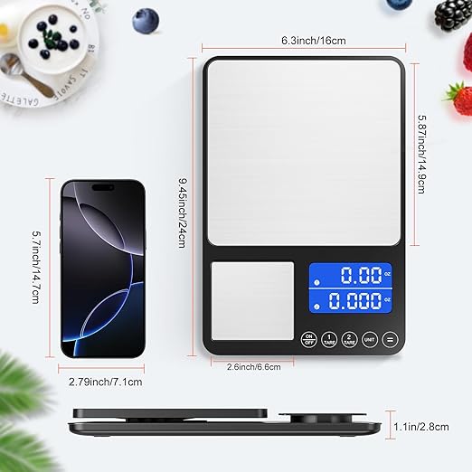 KUAIVO Dual Platform Digital Kitchen Scale, 33lb/15kg & 0.001oz/0.01g Precision, Two Scales in One, Coffee & Food Scale, Dual Display, Stainless Steel, Tare, g/oz/lb/ml