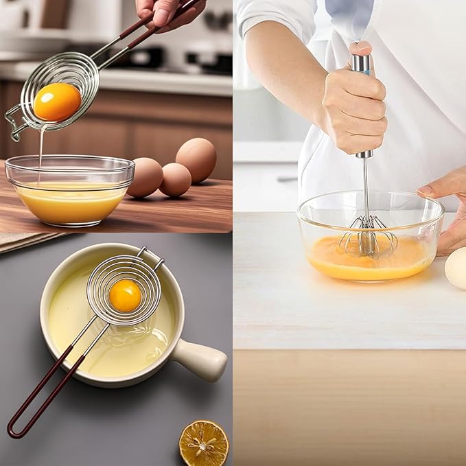 Semi Automatic Whisk & Egg Yolk Separator, Stainless Steel Mini Hand Push Whisk, Hand Mixer Egg Beater Wisking Tool & Egg Separator for Raw Eggs Set, for Cooking, Baking