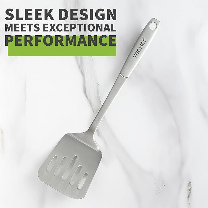TECHEF - ChefCore 304 Stainless Steel Slotted Turner Spatula with Ergonomic Handle, One-Piece Unibody Design, Rustproof & Heat Resistant, 10.5" Serving Utensil – Made in Korea