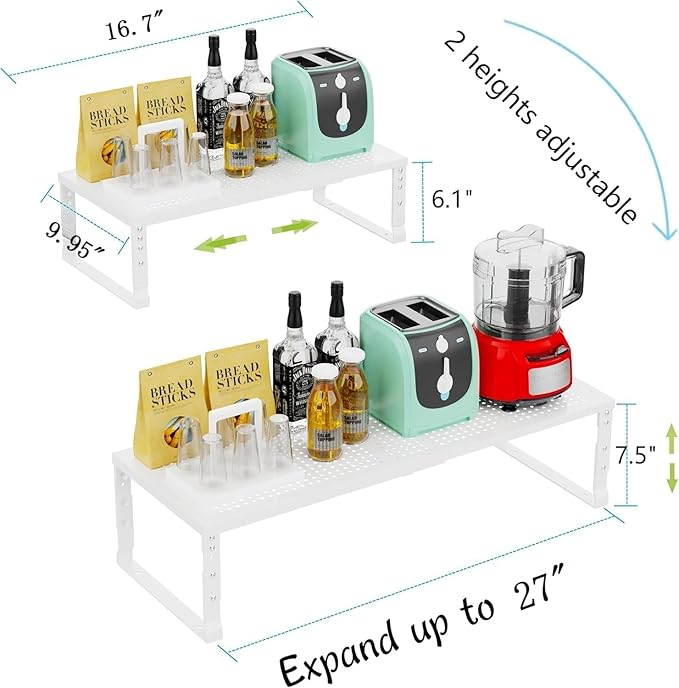 Jojocross Expandable Cabinet Shelf Organizer Storage Spice Rack Shelves for Kitchen Stackable Adjustable Pantry Cupboard Bathroom Countertop Desktop(1Pack/White/Large-with Hole)