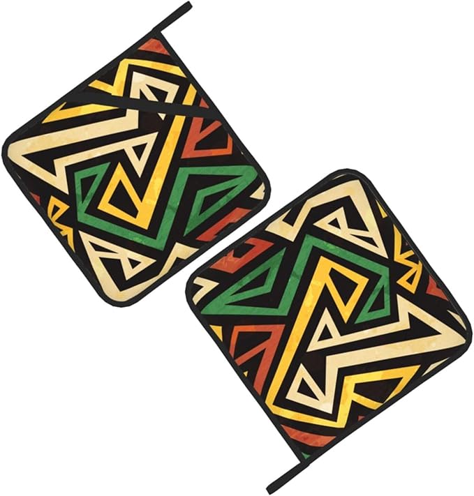 Pot Holders 2 Pcs Sets for Kitchen African Tribe Ethnic,Oven Pan Plate Bowl Pads Heat Proof Mat with Hanging Loop, Heat Resistant Potholders for Cooking Vintage Geometric Bohemian