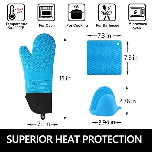 Silicone Oven Mitts and Pot Holders Set, MTZRFLL Extra Long Heat Resistant Oven Gloves with Hot Pads and Mini Oven Mittens for Grilling, Kitchen Cooking Baking, Soft Quilted Lining, Pack of 6 (Blue)
