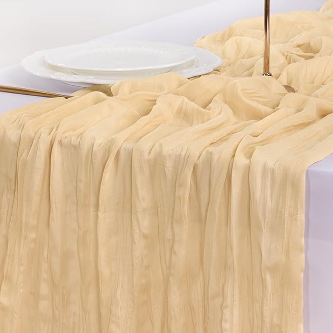 Socomi 3pcs Gold Champagne Cheesecloth Table Runner Easter Spring Boho Rustic Gauze 120 inch 10FT Cheese Cloth Runner for Wedding Party Baby Shower Birthday Home Decor Holiday Decorations