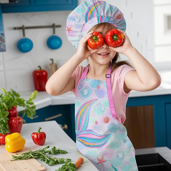 SANDJEST Kids Apron with Chefs Hat Set, Kitchen Apron Gifts