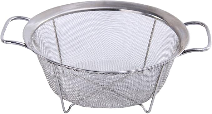AJIODA Stainless Steel Mesh Colander Strainer Basket, 4 Quart Fine Mesh Net Colander with Heavy Duty Handles & Wide Rim & Resting Feet for Strain, Drain, Rinse, Fry, Steam or Cook Vegetables & Pasta