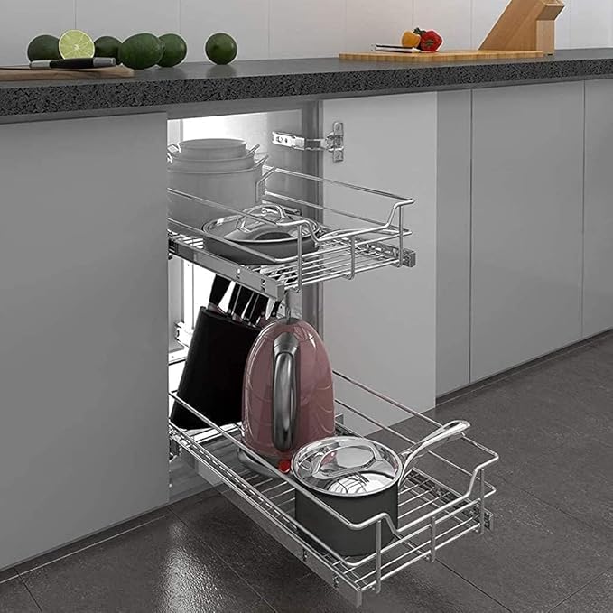 2 Tier Pull Out Cabinet Organizer 14" W X 22" D, Slide Out Drawers For Kitchen Cabinets, Pull Out Drawers For Cabinets Capacity Heavy Duty Caddy, Cabinet Pullout Shelves Chrome-Plated,Bathroom Pantry