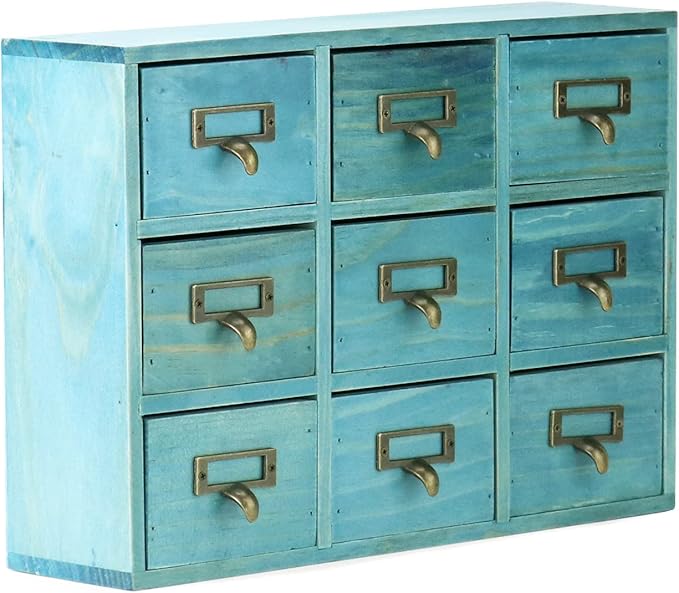 QWORK Desk Drawer Organizer, Wooden Vintage Apothecary Cabinet with 9 Drawers, Home Office & Tea & Dresser Bedroom Organization and Storage, Traditional Apothecary Cabinet, Blue