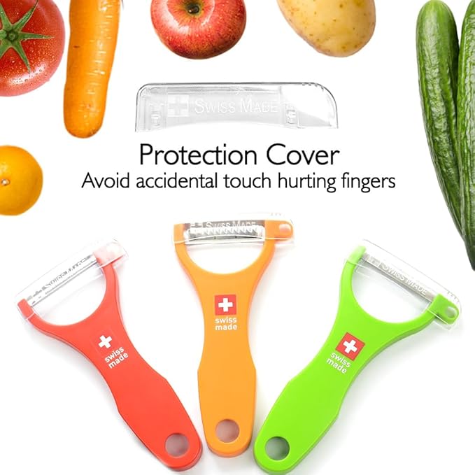 Swiss Peeler Vegetable & Potato Peelers for Kitchen, Original Swiss Made Ergonomic Kitchen Peelers for Effortless Prep - Pack of 3 (Green + Orange + Red)
