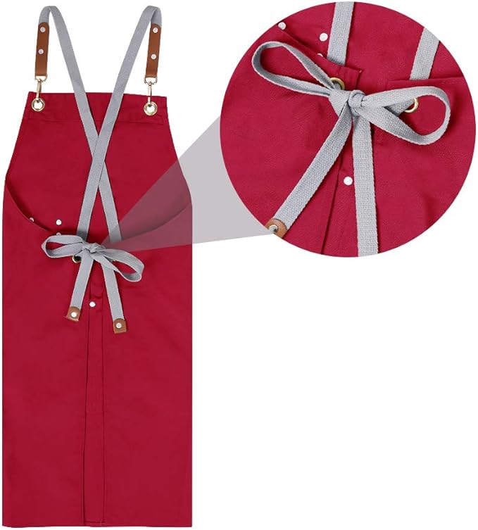 Mignongirl Chef Apron,Cross Back Apron for Men Women with Adjustable Straps and Large Pockets,Canvas,M-XXL (Red)