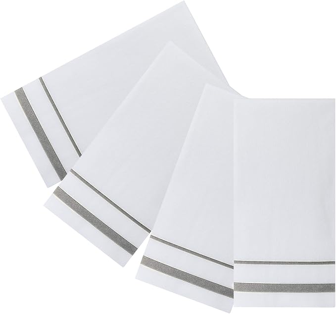 FOCUSLINE 200 Linen Feel Disposable Bathroom Napkins, Soft and Absorbent Paper Guest Towels, Cloth-Like Hand Towels Decorative Paper Napkins for Parties, Weddings, Dinners or Events, Silver, 12" x 17"