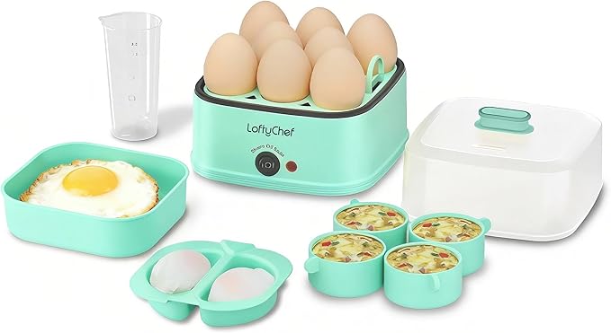 8-in-1 Electric Egg Cooker for Soft, Medium, Hard boiled eggs, Auto Shut-Off Compact Egg Bite Maker, Dishwasher Safe Rapid Egg Steamer for Poached & Scrambled Eggs, Omelets, Blue