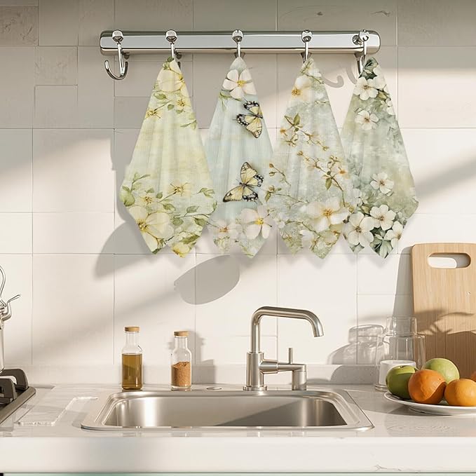 4 Pcs Vintage Butterfly Kitchen Towels, White Floral Decorative Absorbent Microfiber Dish Cloth Tea Towel, Waffle Soft Hand Towels for Farmhouse Home Bathroom, Housewarming Gifts