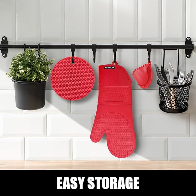 Rorecay 6pcs Oven Mitts and Pot Holders Sets for Kitchen, Extra Long Silicone Oven Gloves Heat Resistant 500 Degrees Non-Slip Potholders Hot Pads for Baking Cooking, Quilted Liner, Red