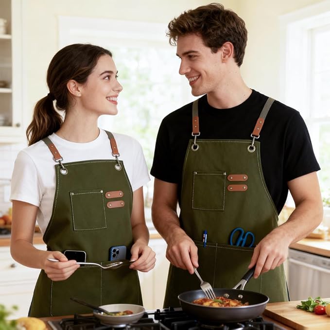 Chef Apron for Women Men with Pockets, Cotton Canvas Cross Back Adjustable Gardening Apron