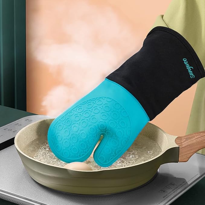 sungwoo Extra Long Silicone Oven Mitts, Heat Resistant Oven Gloves with Quilted Liner Non-Slip Textured Grip Perfect for BBQ, Baking, Cooking and Grilling - 1 Pair 14.6 Inch Turquoise & Black