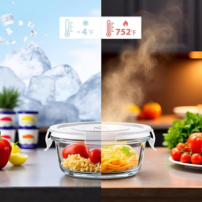 12oz Round Glass Food Containers With Lids, Small Round Glass Meal Prep Containers set,1.5 Cup Small Clear Food Storage Bowls BPA-Free, Microwave, Dishwasher, Freezer Safe(White)