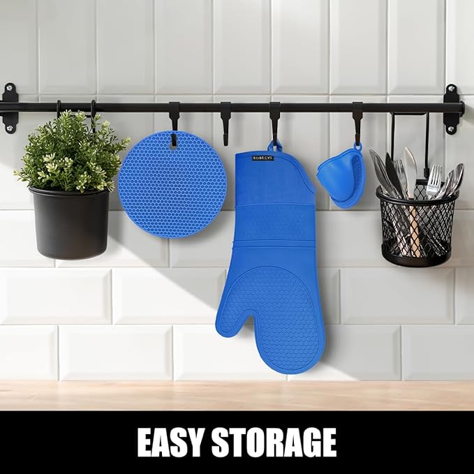 Rorecay 6pcs Oven Mitts and Pot Holders Sets for Kitchen, Extra Long Non-Slip Silicone Oven Gloves Heat Resistant 500 Degrees Potholders Hot Pads for Baking Cooking, Quilted Liner, Lake Blue