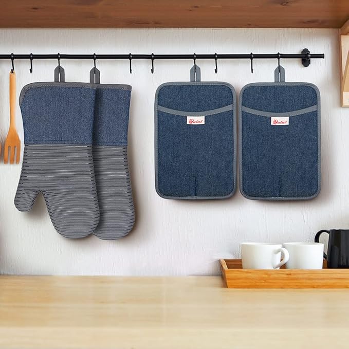 Yutat Oven Mitts, Pot Holders Set of 4 Made with Pure Cotton and Food Grade Non-Slip Silicone - 500 F Heat Resistant Oven Mitts and Pot Holders Sets for Kitchen Cooking (4pcs Set, Grey and Denim)