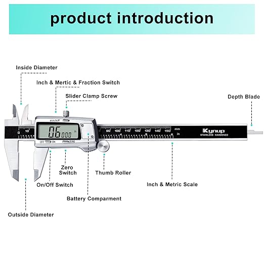 Kynup Digital Caliper, Caliper Measuring Tool, Micrometer Dial Vernier Caliper Digital, Full Turn Off, Stainless Steel, Switch from Inch Metric Fraction, Black(6Inch/150MM)