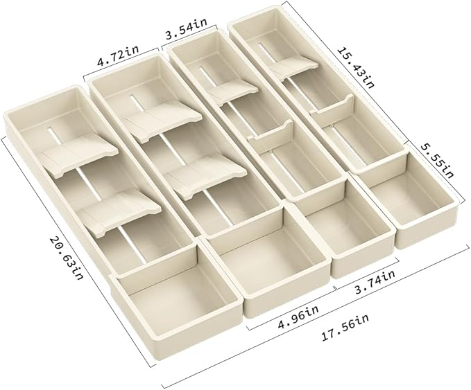 Silverware Drawer Organizer with Expandable Panel & Removable Dividers – Fits 15.67" to 21.18" Kitchen Drawers, Space-Saving Utensil Storage Solution (Milk White, W17.3 x L15.7 inches)