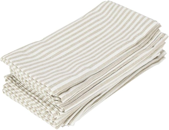 Plain Striped Cotton Linen Blended Dinner Cloth Napkins - Set of 12 (40 x 30 cm) - for Events & Home Use (Beige)