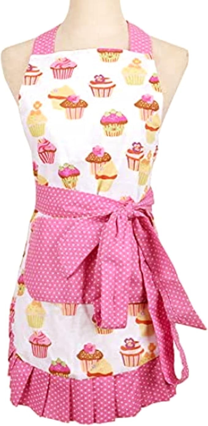 G2PLUS Aprons for Women with Pockets, 29 x 21 Inch Extra Long Ties Cupcake Apron, Pink Vintage Damask Apron for Kitchen Cooking, Baking and Gardening