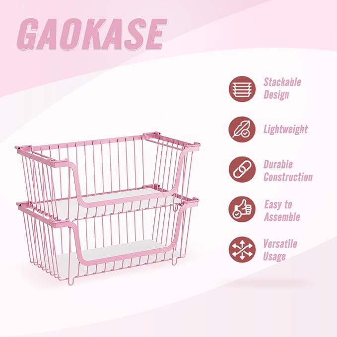 GAOKASE 4 Pcs Stackable Wire Baskets for Pantry Organizers and Storage,Vegetable Fruit Basket for Countertop,Kitchen Storage Metal Baskets,Produce Potato Onion Storage Bin,pink