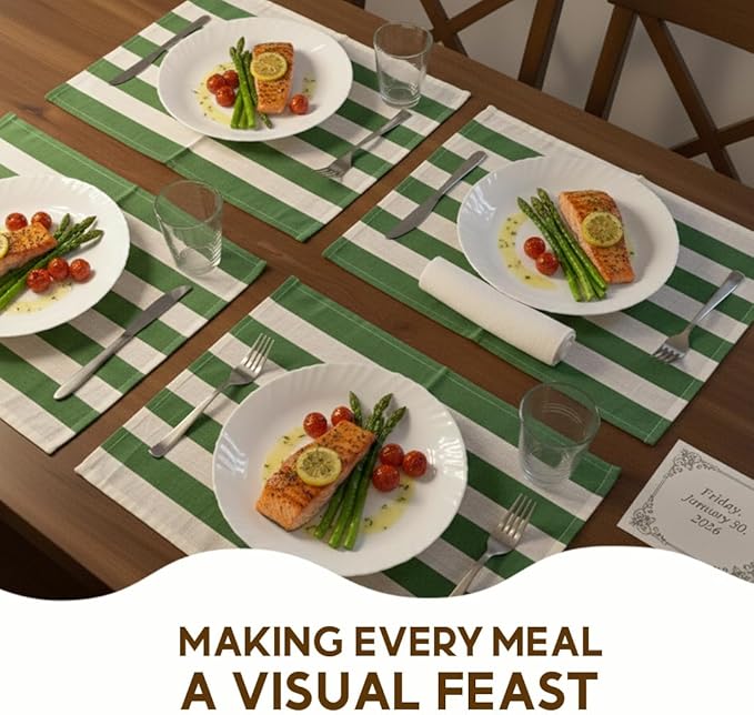Folkulture Placemats Set of 4 (13 x 18) | 100% Cotton, Heat Resistant, Machine Washable Striped Place Mats | Green & White Rectangular Cloth Table Placemats for Dinner, House Warming Gifts New Home