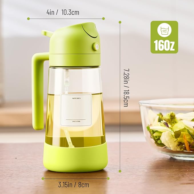 PARACITY Oil Dipenser Bottle with Silicone Bottom, 2 in 1 Olive Oil Sprayer and Dispenser, Oil Spray Bottle 500ML/ 17OZ for Cooking, Kitchen, BBQ, Air Fryer, Salad, Baking(1PC Green)