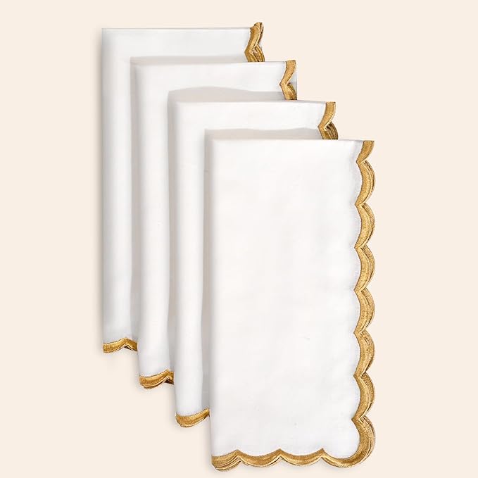 Ridhi Cloth Napkins 100% Pure Cotton Farmhouse Wedding Dinner Napkins for Halloween, Thanksgiving, Holiday Daily Wedding uses Napkins (4-18" x 18" White with Champagne Gold Edge)