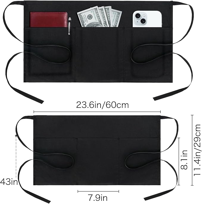 BOHARERS Cotton Server Aprons 2 Pack Waiter Waitress Apron Short Apron with Pockets Restaurant BBQ 12 Inch Black