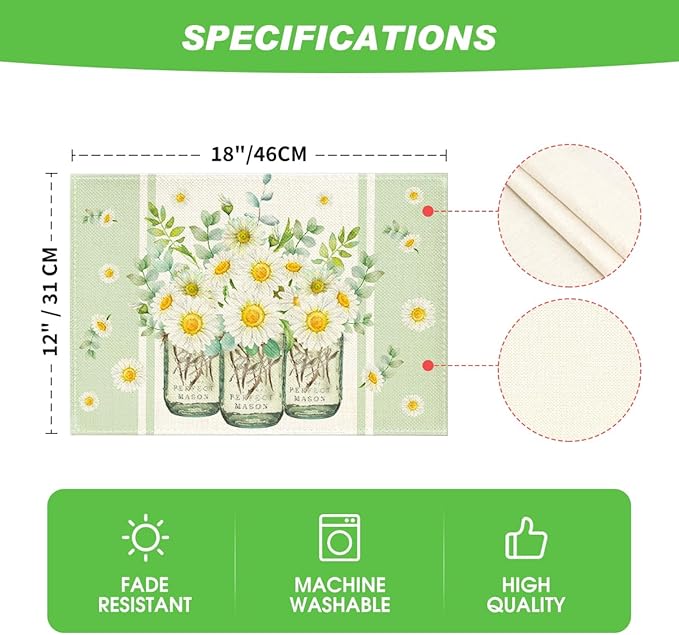 Artoid Mode Eucalyptus Leaves Daisy Vase Spring Placemats Set of 6, 12x18 Inch Seasonal Summer Table Mats for Party Kitchen Dining Decoration