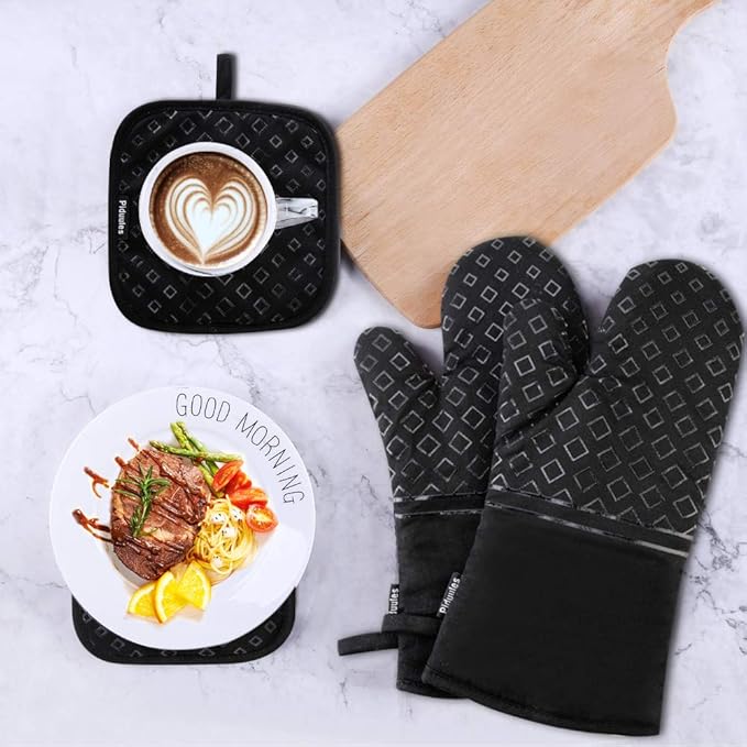 Set of 4 Oven Mitts and Pot Holders, 482 F Heat Resistant Hot Plate Moving Non-Slip Gloves for BBQ, Grill, Baking, Cooking, Oven, Microwave (Black)