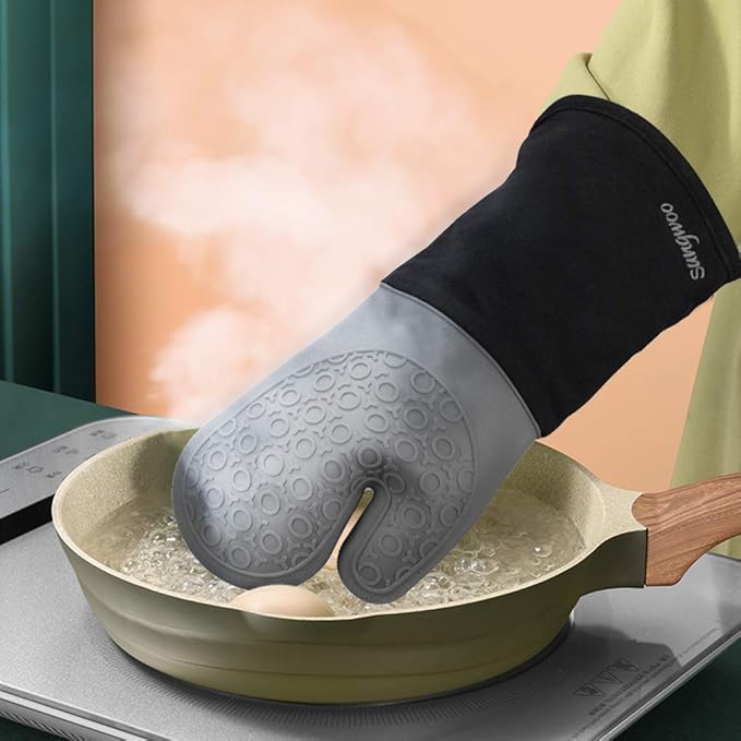sungwoo 6pcs Silicone Oven Mitts and Pot Holders Sets, 14.6 Inch Heat Resistant Oven Gloves with Quilted Liner Non-Slip Textured Grip Perfect for BBQ, Baking, Cooking and Grilling Grey
