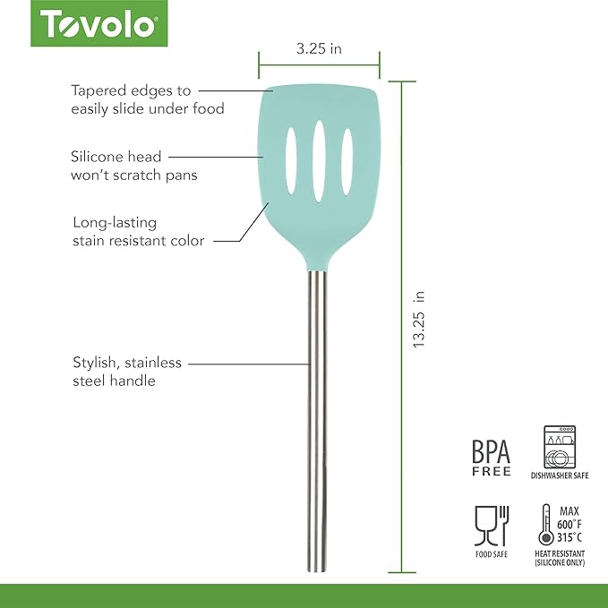 Tovolo Slotted Silicone Spatula Turner Slotted Stainless Steel Handle 10” Aqua Seafoam Green Heat Resistant Non Toxic BPA Free Kitchen Utensil, Silicone Egg Pancake Flipper Metal Handle for Cooking