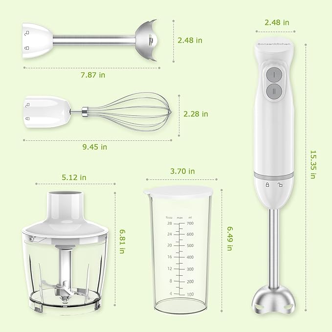 Bonsenkitchen Hand Blender, Immersion Blender with 2 Mixing Speed, 4-In-1 Handheld Stick Mixer with Egg Whisk, Beaker & Chopper Bowl for Baby Food, Soups, Smoothies, White
