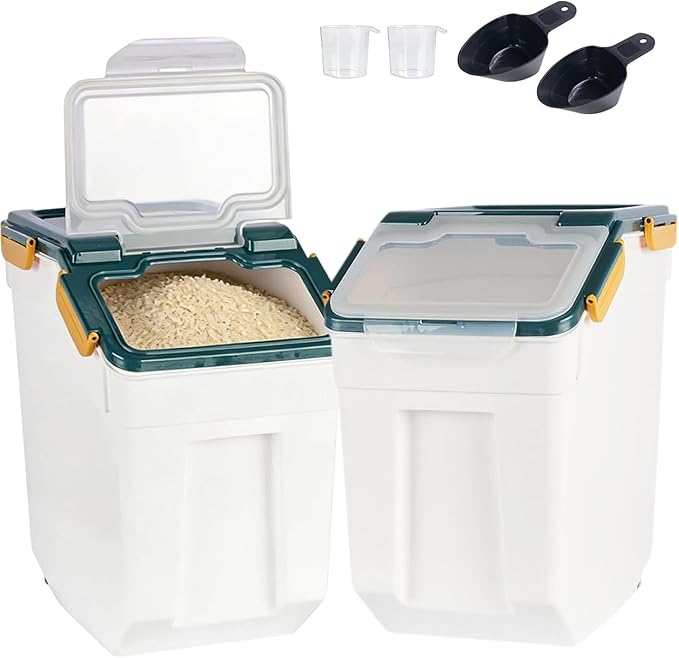AnRui Flour Storage Container 25lb, Grain Storage Bucket, Airtight Rice Cereal Dispenser Organizer Box with Lid, Wheat Berry Storage Bin with Measuring Cup, Scoop, Wheels, 2Pcs Blue