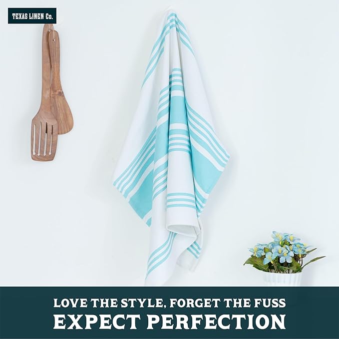 TEXAS LINEN CO. American Stripe Kitchen Towels 100% Cotton Pack of 6, Highly Absorbent Quick Drying, Soft Dish Towels 20x30 Inch for Kitchen with Hanging Loop, Hand & Tea Towel - Aqua & White Striped